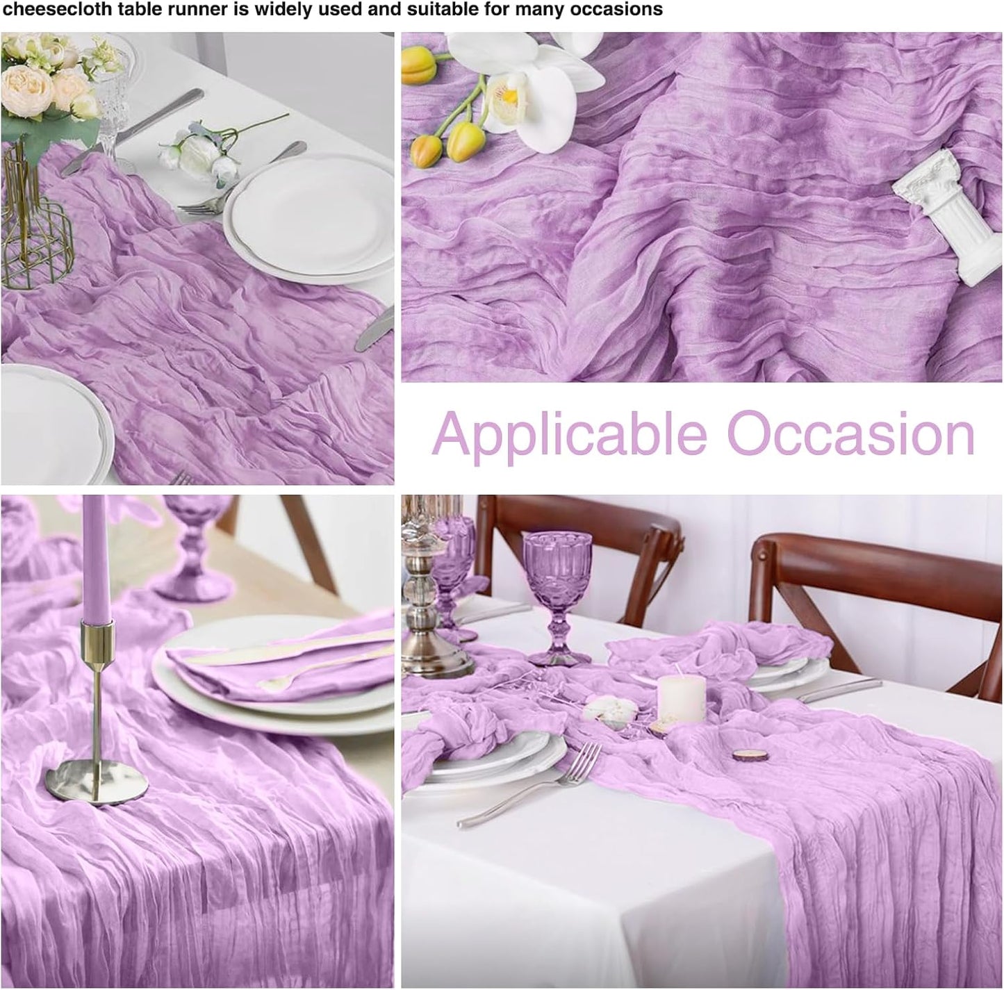 6 Pack Lavender Cheesecloth Table Runner 21x120 Inch Boho Wrinkled Sheer Romantic Gauze Decor for Wedding, Bridal Shower, Birthday Party