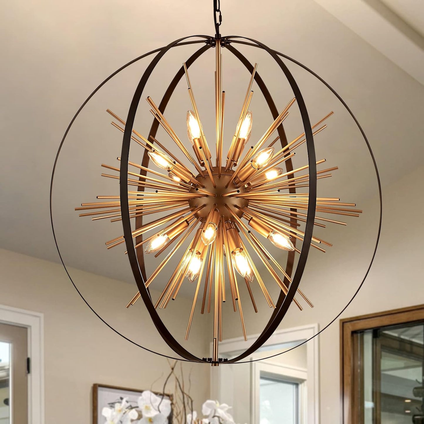 31.5" Black Gold 16-Light Globe Sputnik Chandelier Modern Industrial Adjustable Hanging Ceiling Firework Pendant Light Fixture for Entryway Foyer Stairway Bedroom Dining Living Room Hallway