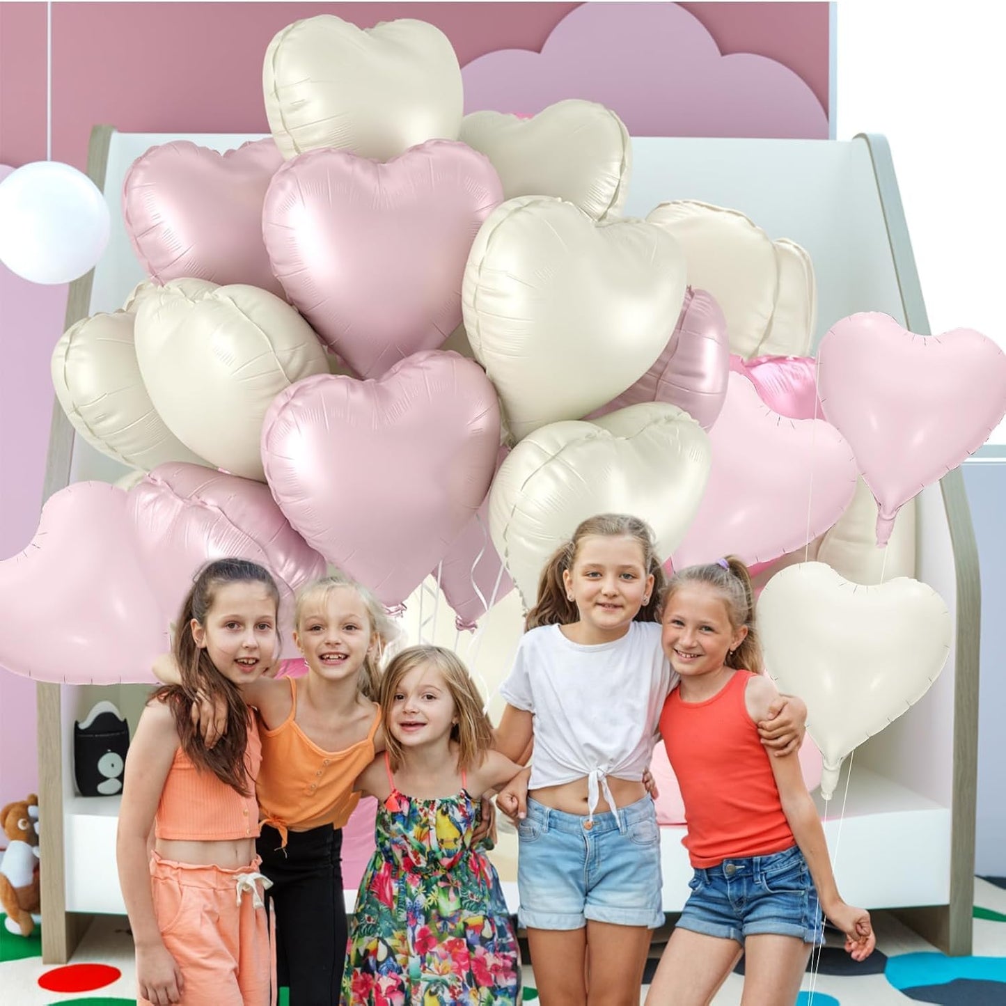 12 Pcs Heart Balloons, 18 inch Pink White Heart Shaped Balloons, Big Foil Helium Balloon, Retro Pink Love Foil Balloon for Wedding Baby Shower Valentine Party Decorations