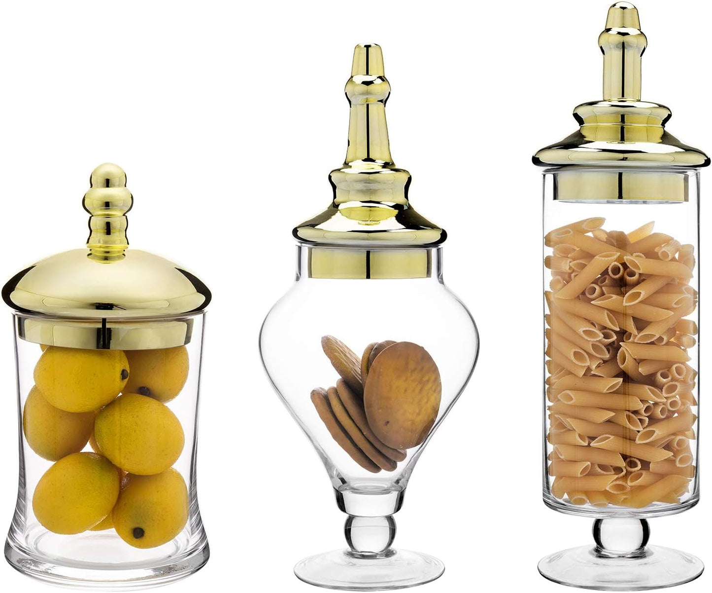 MyGift 3 Piece Set Antique Clear Glass Bathroom Apothecary Jars with Lid, Wedding Centerpiece, Kitchen Storage Jars with Metallic Brass-Tone Lids