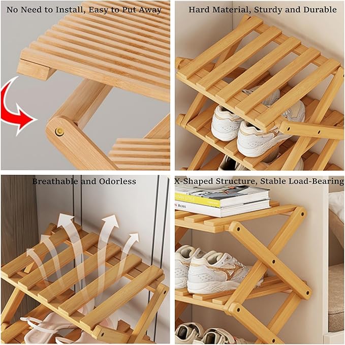 Foldable Shoe Rack, Bamboo Vertical Shoe Organizer Tall - Image 4