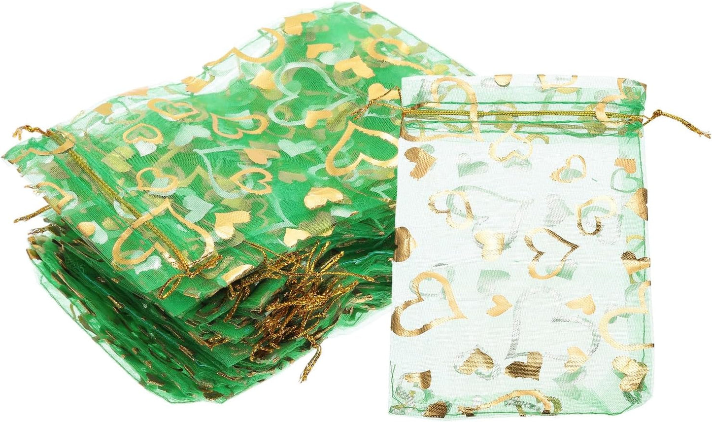 PATIKIL 50 Pcs 4x6 Inch Heart Printed Organza Bags, Green Sheer Heart Organza Bags with Drawstring for Christmas Candy Jewelry Party Wedding Favor Gift
