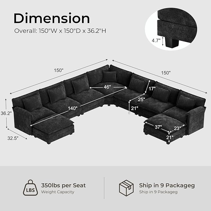 ELUCHANG 150" Oversized V-Shaped Cloud Couch Modular Sectional Sofa - Image 2