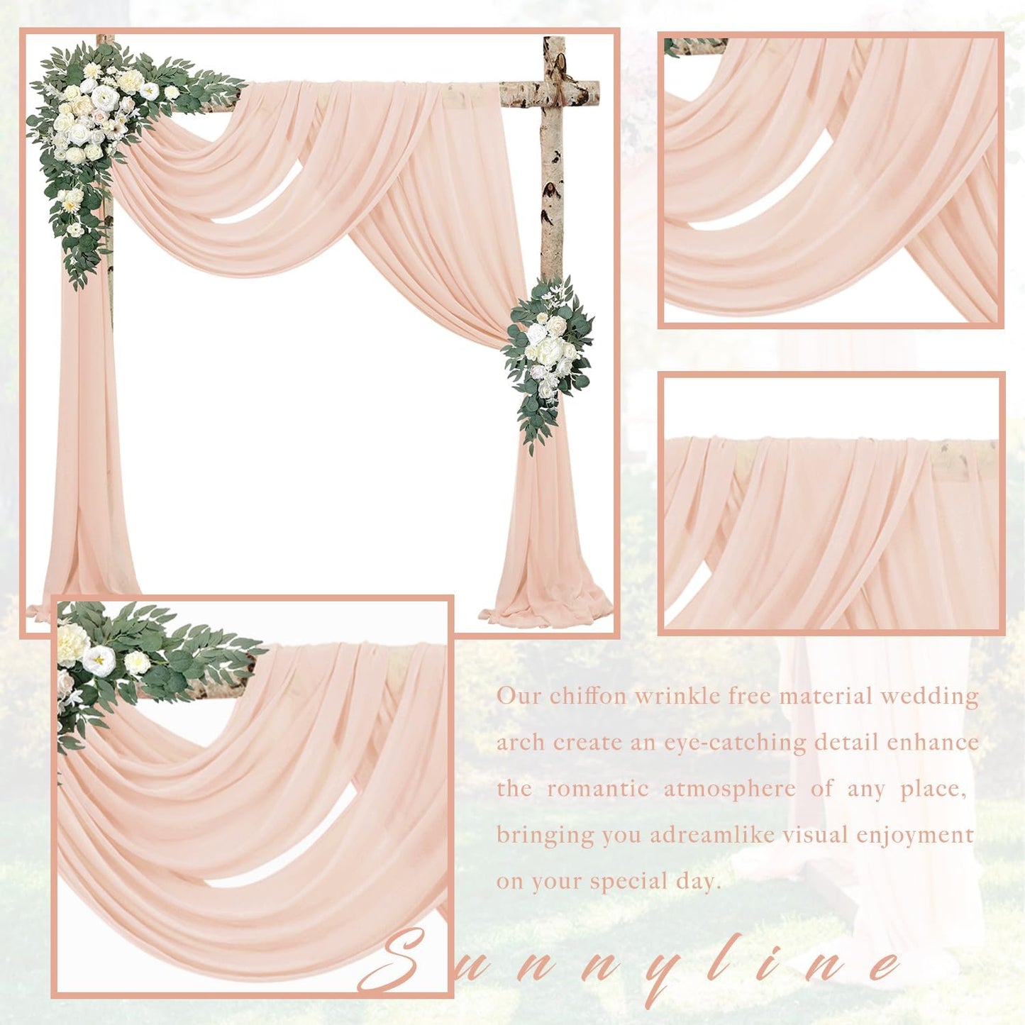 2 Panels 20Ft Length x 28" Width Light Peach Wedding Arch Draping Fabric Arch Drapes Chiffon Fabric Sheer Curtains Backdrop for Party Bridal Decorations Wedding Ceremony Ceiling Stage Reception Decor