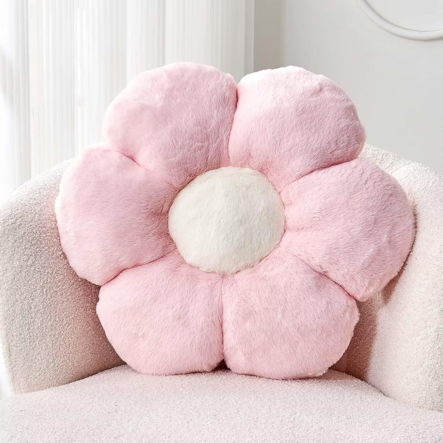 Pink Flower Pillow, Cute Decorative Flower Shaped Throw Pillow with Faux Rabbit Fur, 14.9" Soft Flower Plush Throw Pillow Floor Pillows Room Décor for Bedroom Living Room