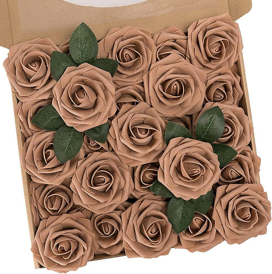 N&T NIETING Brown Roses Artificial Flowers, 25pcs Fake Flowers Bulk Perfect for DIY Fall Wedding Bridesmaid Bridal Bouquets Centerpieces Party Home Flower Arrangement Decoration Light Brown