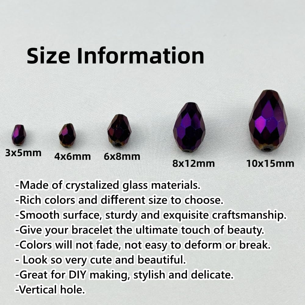 130pcs 6x8mm Teardrop Crystal Glass Beads for Jewelry Making, Faceted Vertical Hole Teardrop Glass Spacer Beads for Wind Chimes Bracelet Earring Necklace DIY Craft(Purple Light)