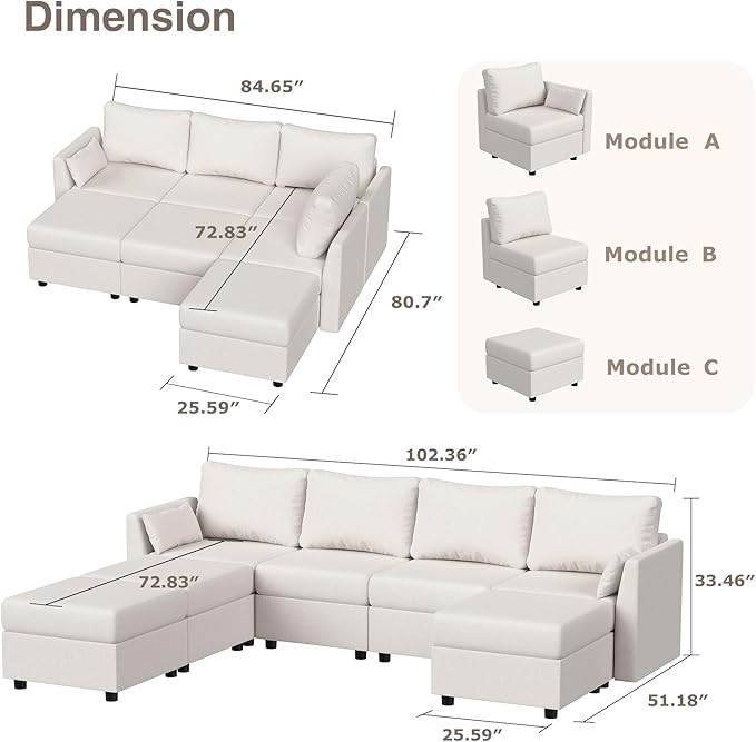 Huatean Home Modular Sectional Sofa, 7 Seat Modular Couch - Image 2