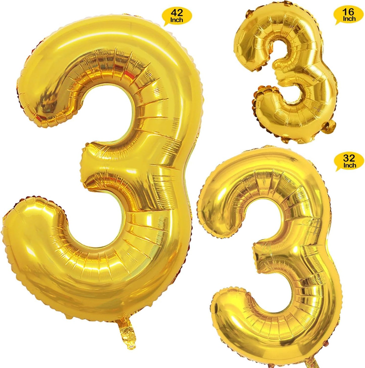 GOER Gold Foil Balloons Number 3,Huge Number Balloons for 3rd Birthday Party Supplies Anniversary Decorations(3 pcs,42 inch,32 inch,16inch)