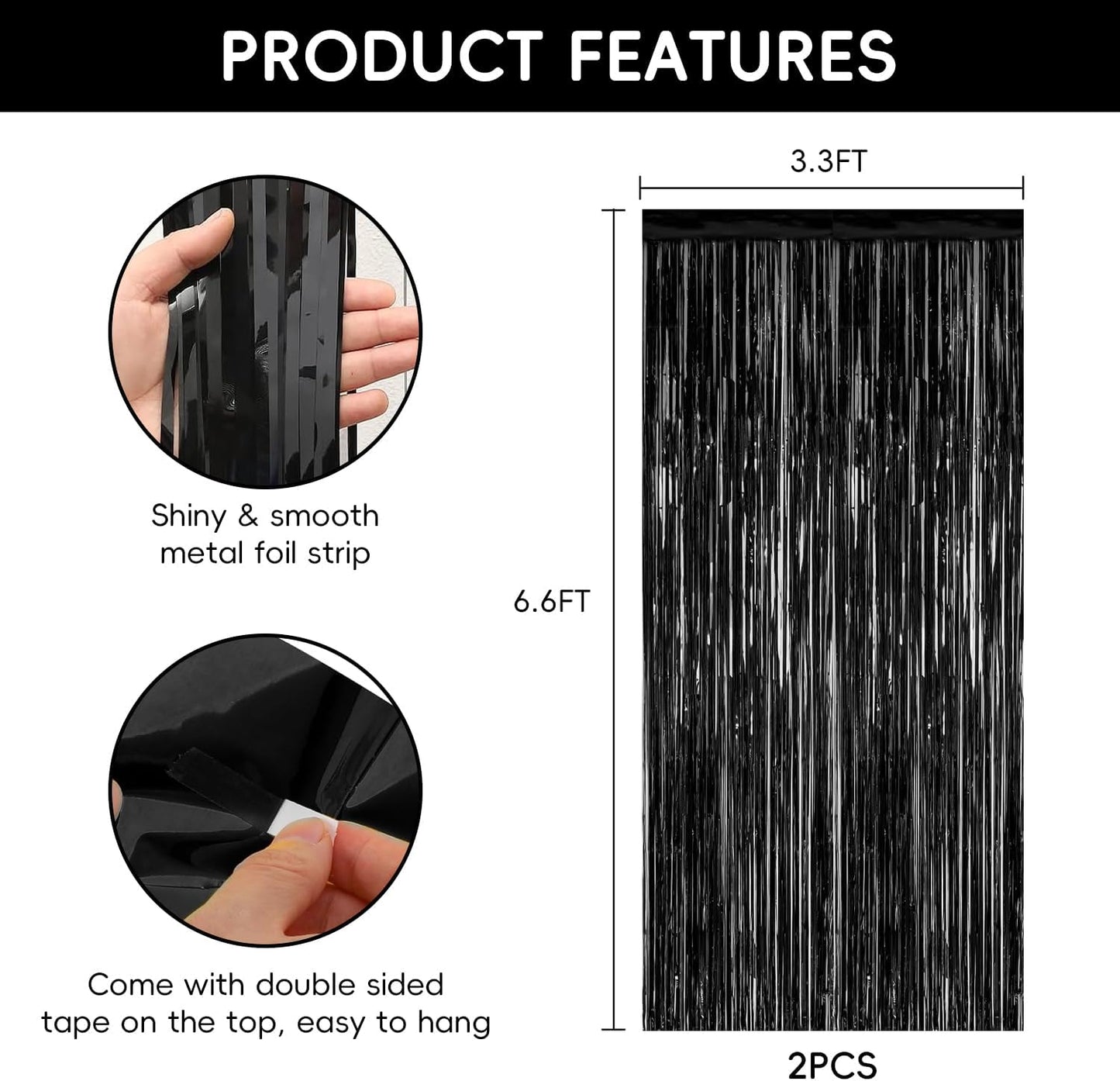 2 Pack Black Streamers Party Decorations Black Tinsel Backdrop Supplies Foil Curtain Backdrop for Baby Shower Birthday Bachelorette Wedding Engagement Holiday Celebration Halloween Party Decorations