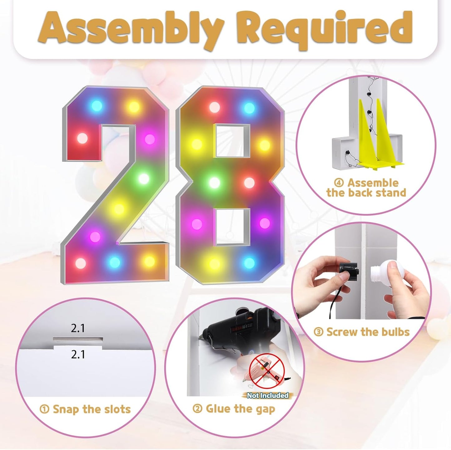 Marquee Numbers 28th-Birthday Decoration: Colorful 4FT Large Light Up 28 Year Old Birthday Decorations Anniversary Backdrop for Boys Girls Cardboard Sign 18 Colors Number 28 Mosaic Balloon Frame