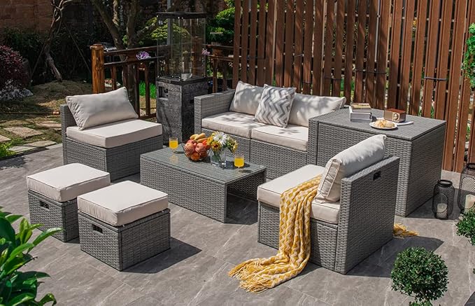 Tangkula 8 Piece Patio Wicker Furniture Set, Patiojoy Space Saving Outdoor PE - Image 2