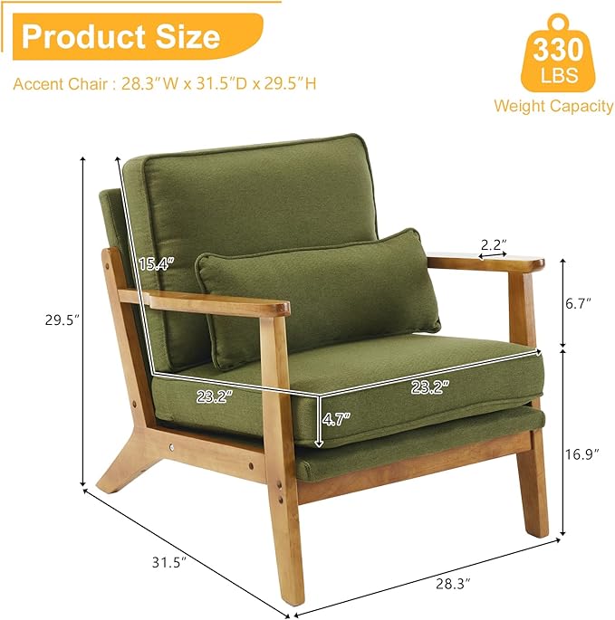 Karl home Accent Chair Wide Armrest Mid-Century Lounge Chair Linen Fabric - Image 2
