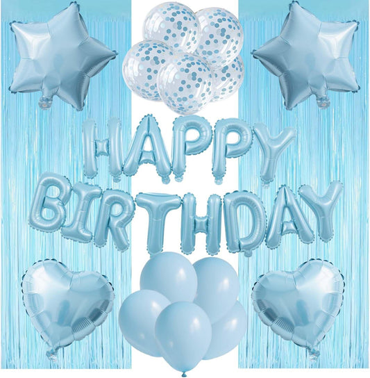 29 Pcs Light Blue Birthday Party Decorations - Happy Birthday Balloons Banner Blue, Heart & Star Foil Balloons, Confetti & Latex Balloons, Foil Fringe Curtains Party Supplies for Girls Boys