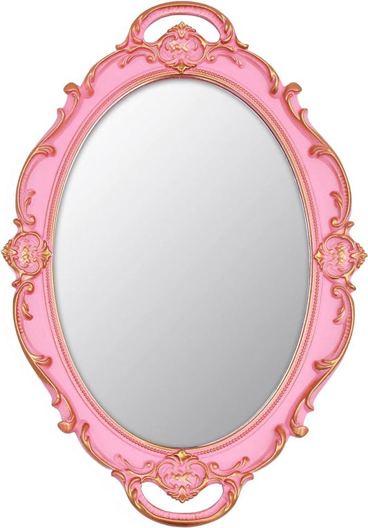 YCHMIR Vintage Small Mirror 14.5 x 10 inch Oval Pink Wall Mirror by YCHMIR