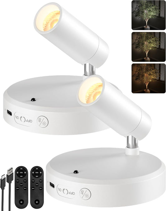 EZVALO Spot Lights Indoor,5500mAh Rechargeable Picture Lights with Remote,Wireless Mini Art Accent Spot Lights with Timer＆Dimmable, 3CCT, Uplights Indoor for Plants,Display,Artwork(2Pack-White)