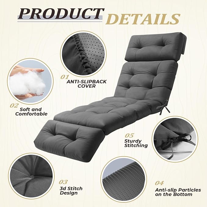 Outdoor Chaise Lounge Cushion, Waterproof 74.4x22x4.7 Inch Thick Cotton Filled - Image 5