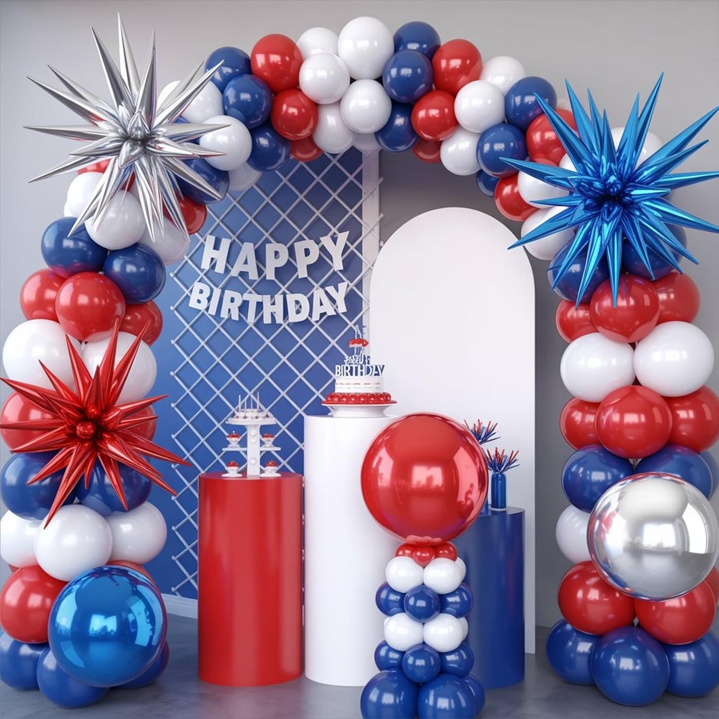 6Pcs Red Blue Silver Foil Balloons,22Inch Blue Red Silver 4D Round Ball Balloon and Explosion Star Balloon for Birthday Wedding Baby Shower Anniversary 4th of July Party Decorations