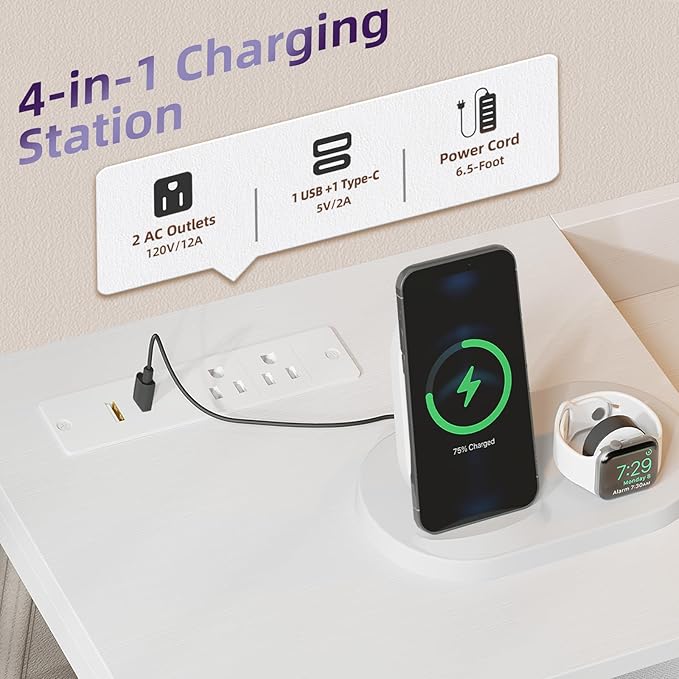 Somdot White Nightstand with Charging Station and LED Light, Wide 5 Drawers - Image 4