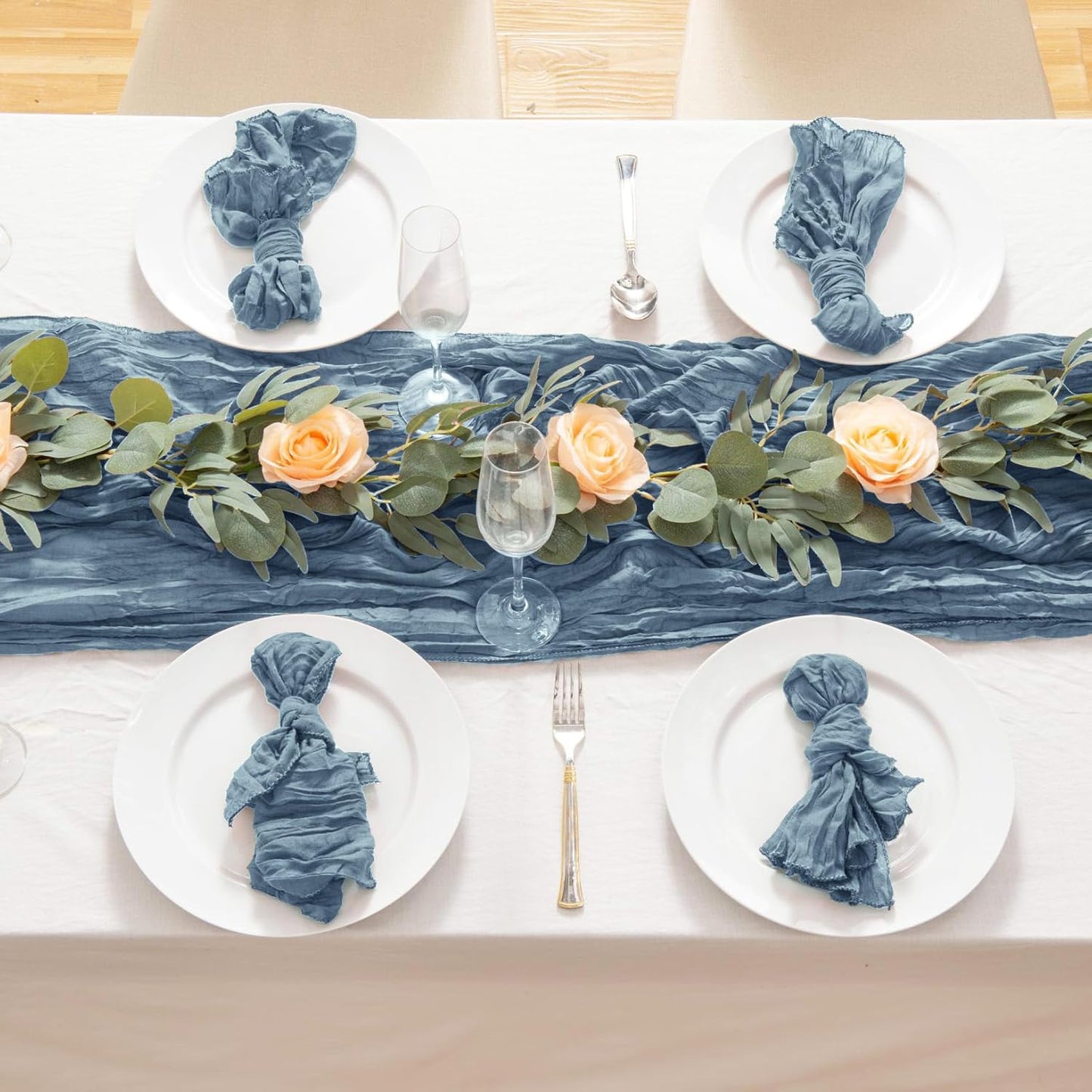 8 Pack 10Ft Dusty Blue Cheesecloth Table Runner 35x120 inch Boho Gauze Cheese Cloths Table Runners Long Wrinkled Sheer Romantic Table Runner for Wedding Bridal Shower Birthday Party Table Decor