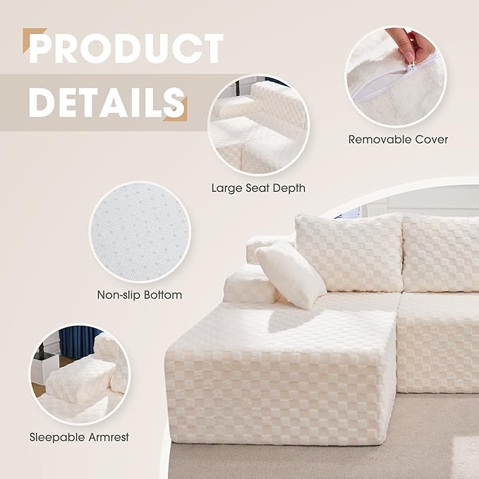 Hobestluk Modular Sectional Sofa Couches L-Shape Couch 3 Seat Modular Sofa - Image 7