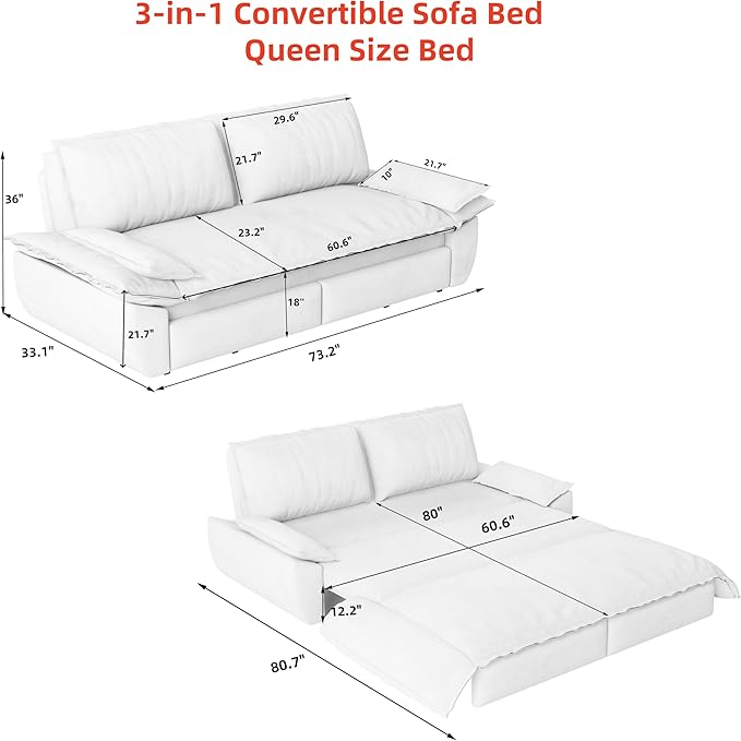KEIKI 73.2" Queen Size Convertible Sofa Bed, 3-in-1 Pull Out Sleeper Couch - Image 2