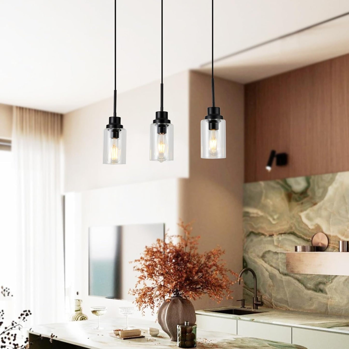 3-Lights Pendant Light Fixtures, Modern Black Kitchen Island Lighting with Clear Glass Shade, Adjustable Hanging Ceiling Lamp