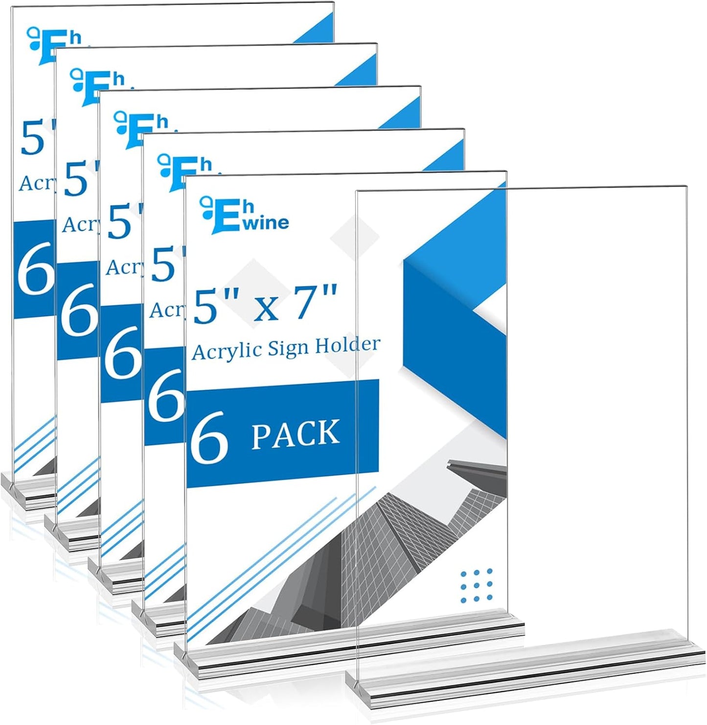 EHWINE 6 Pack Acrylic Sign Holders - 5 x 7, Double-Sided Stand Up Table Top Sign Holders, Clear Acrylic Picture Frame Menu Flyer Paper Display Stand for Office Business Store Wedding Party