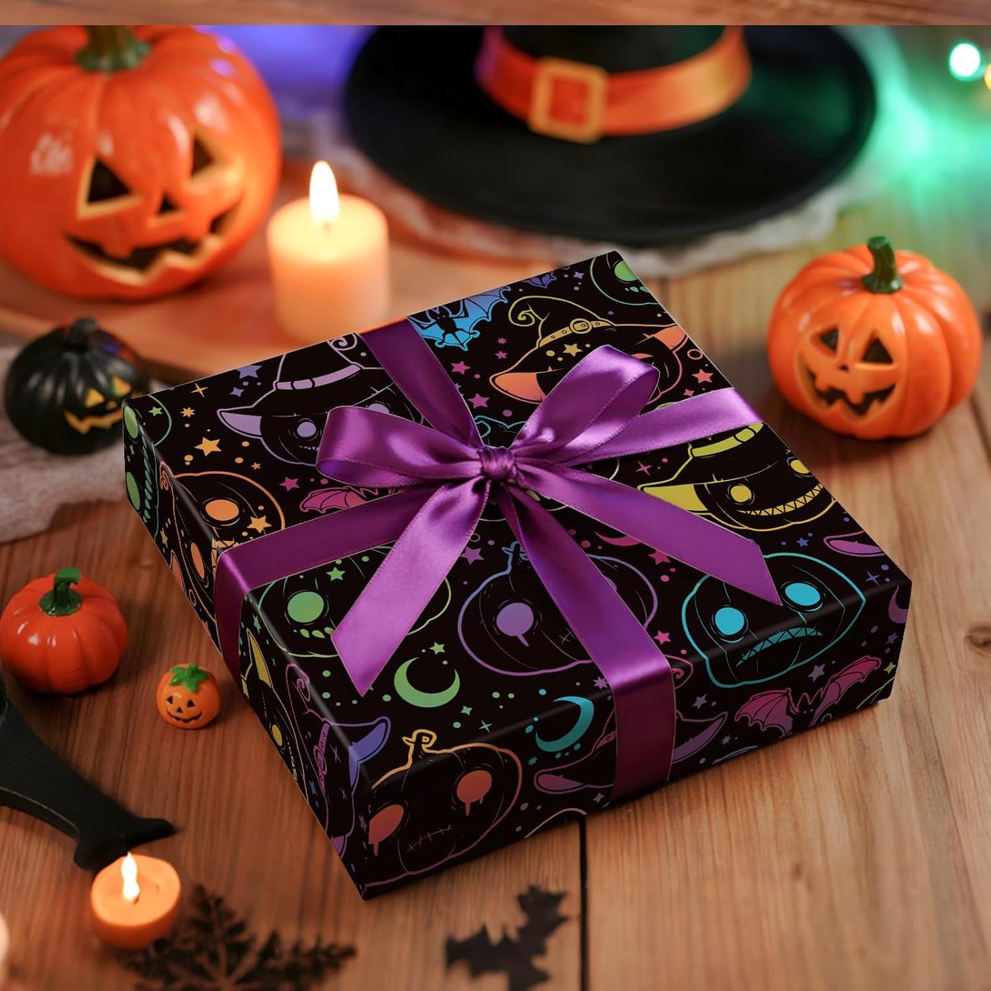 LeZakaa Halloween Pumpkin Wrapping Paper Roll, Neon Pumpkin Witch Hat Bat Pattern in Black, Glow-Like Gothic Kawaii Style Gift Wrap for Spooky Party & Candy Bags, Mini Roll 17 in x 16.4 Ft