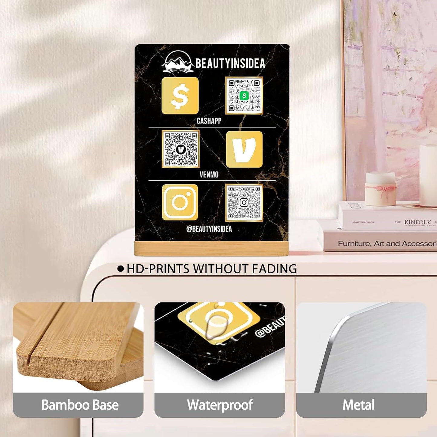 Personalized Custom Metal QR Code Sign Venmo Cashapp Scan to Pay with Stand Instagram Facebook Social Media QR Signs Bar Code QR Plaque Print for Business Salon Beauty Store Restaurant Wifi Sign