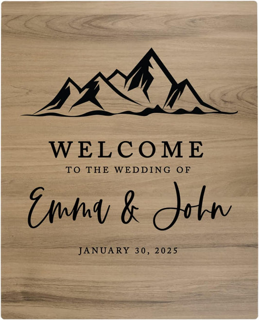 Andaz Press Large Wooden Welcome Sign for Wedding, Rustic Welcome Sign 16" x 20" Custom Names Minimal Mountains Wedding Signage English Oak MDF Wood Finish Wedding Reception Indoor Outdoor Signs