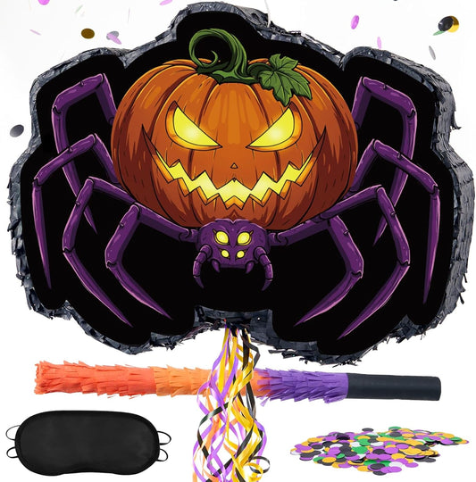 WERNNSAI Halloween Spider Piñata - Pumpkin Spider Pinata Halloween Theme Party Decorations for Kids Jack O Lantern Wicked Pumpkin Party Games with Bat Blindfold
