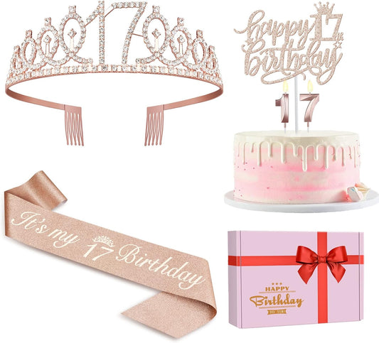 17th Birthday Decorations for Girls Including Birthday Girl Sash, Crown, Numeral Candles and Cake Topper, 17 Year Old Decorations Gifts, Rose Gold Party Decor Supplies