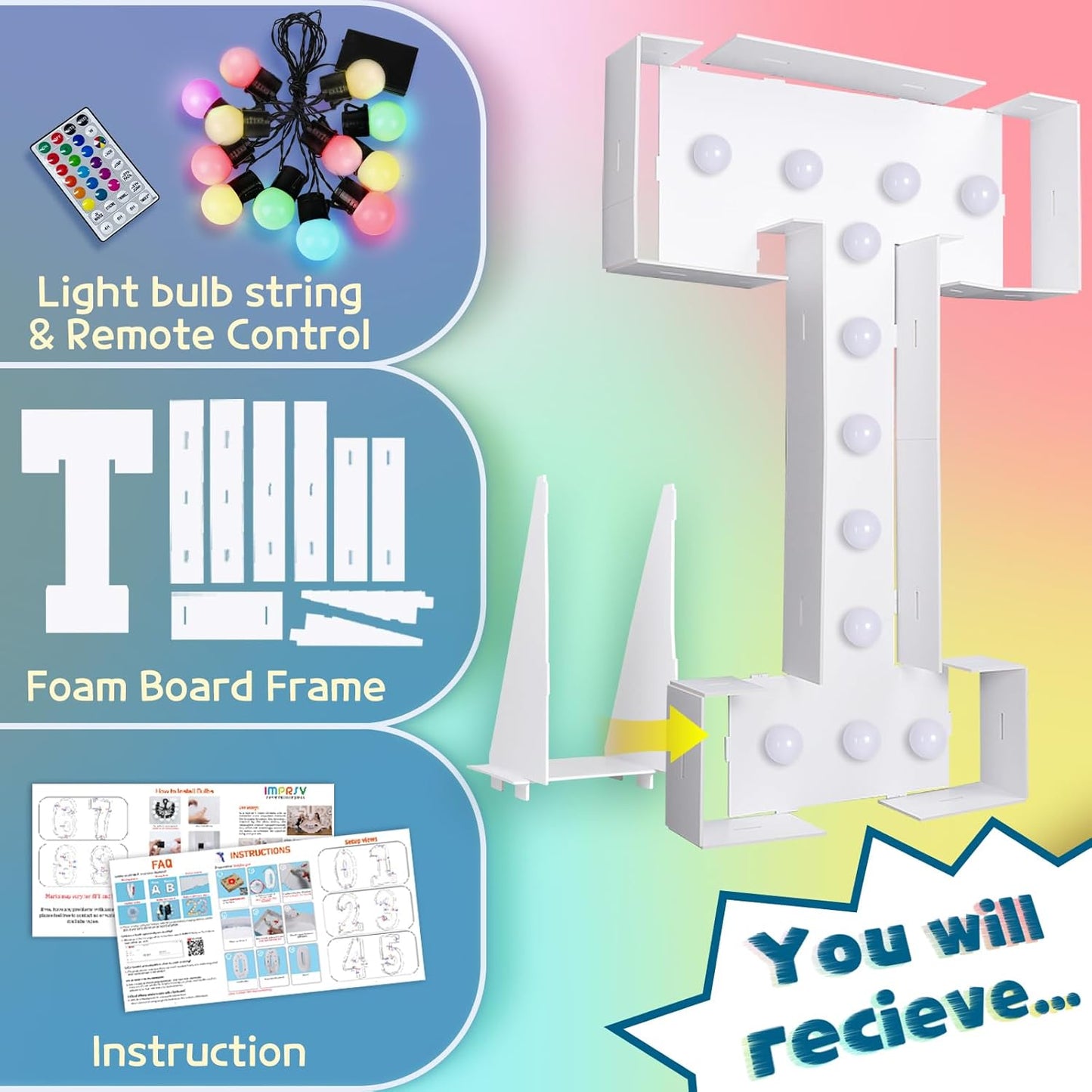 imprsv 4FT Colorful Marquee Light Up Letters T, 18 Colors Large Light up Letters Alphabet Sign with Remote, Large Marry Me Sign, Birthday Party Decorations Baby Shower Anniversary Wedding Decoration