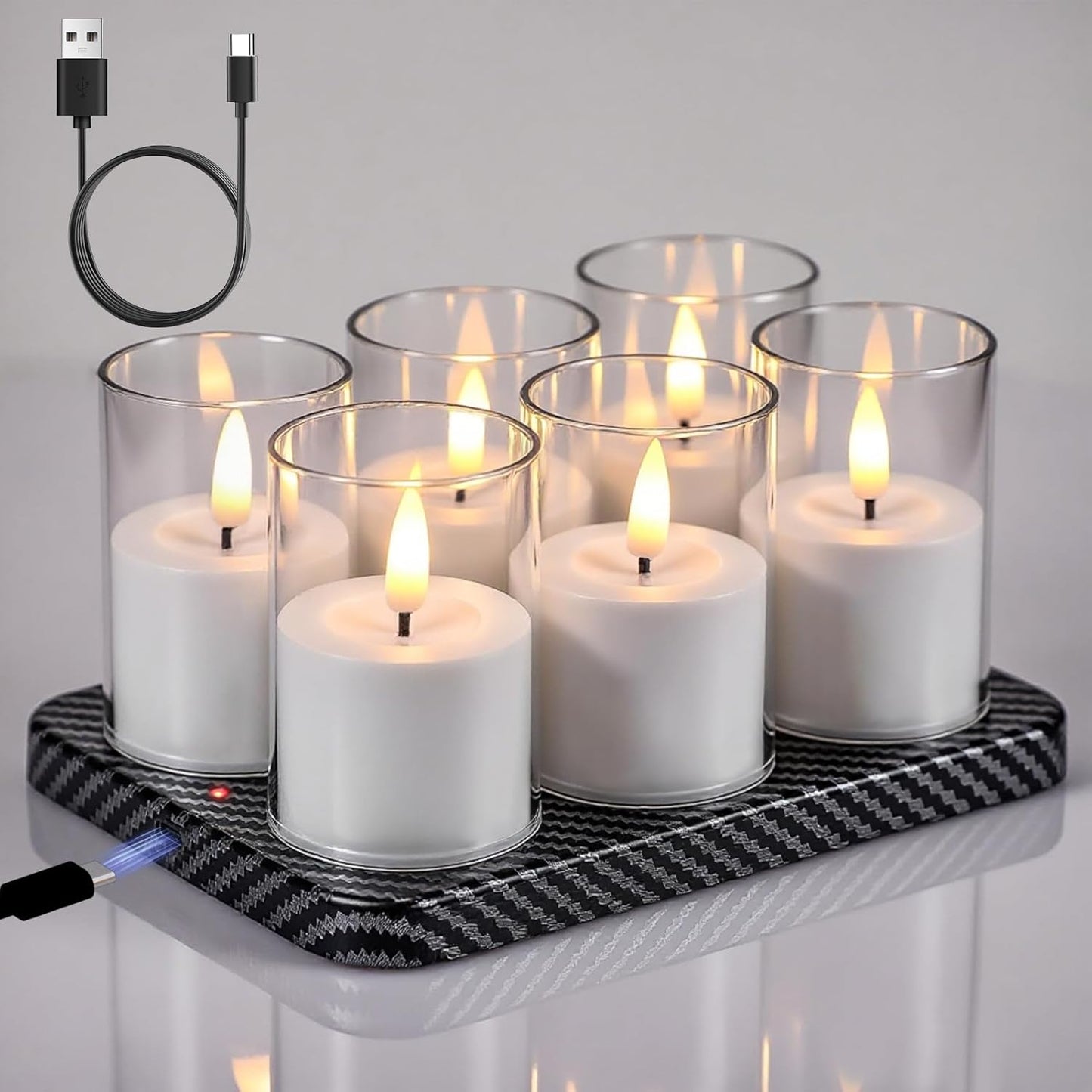 Rechargeable Votive Candle Battery Operated, 6 Pcs Rechargeable Tealights Candles with Charging Base, Acrylic Clear LED Flameless Votive Candle with 6H Timer for Halloween Christmas Decor