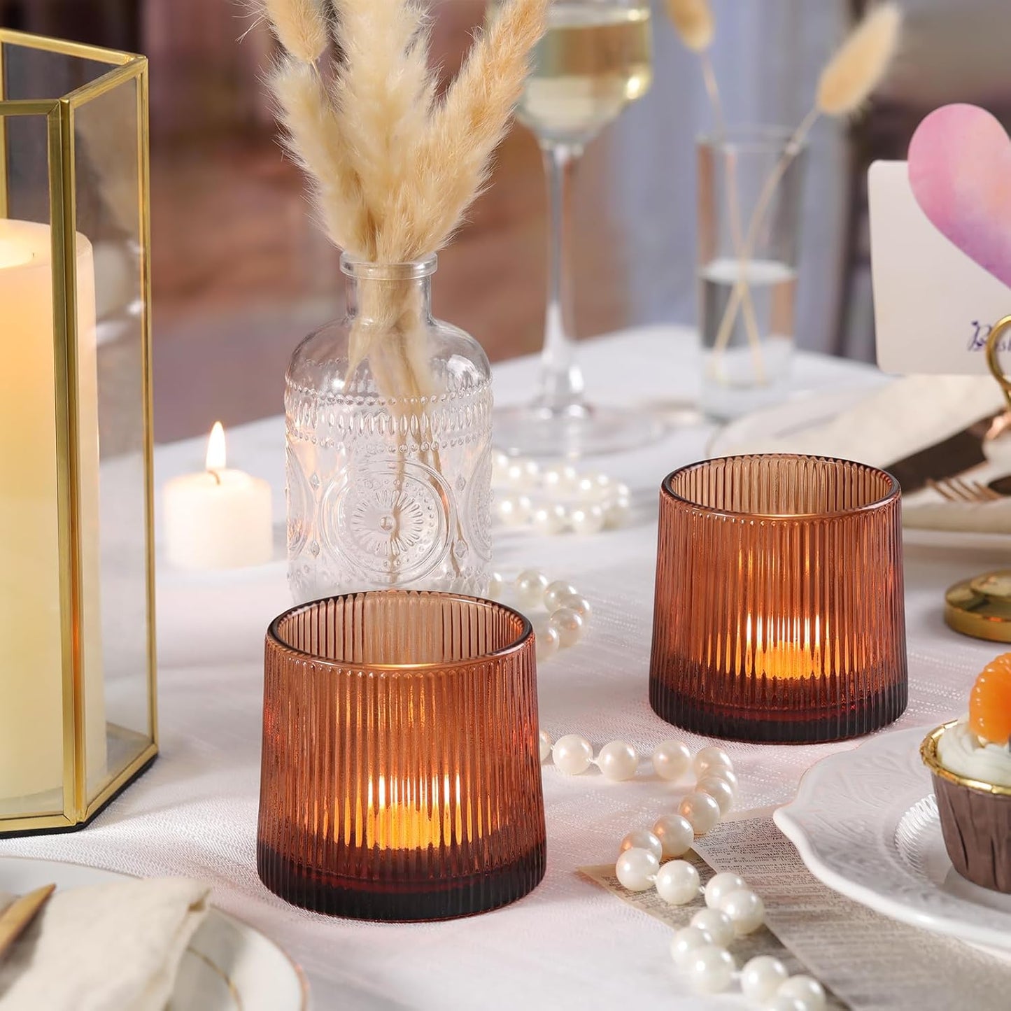 Amber Ribbed Tealight Votive Candle Holders- 6Pack Glass Candle Holders for Table Centerpiece, Home Decor, Wedding Decor, Party Dinner