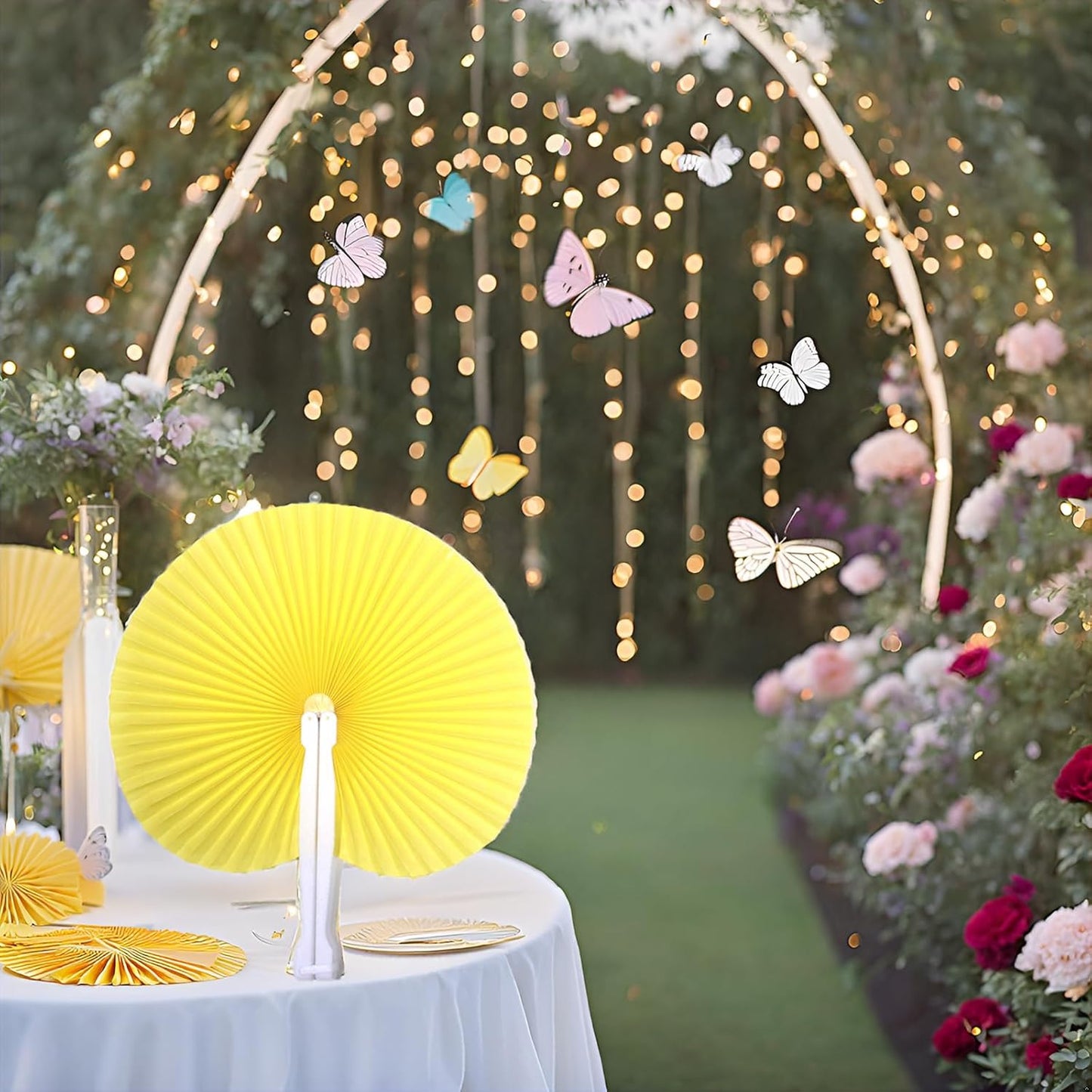 12 Packs Decorative Paper Folding Hand Fans Handheld,Yellow Round Foldable Wedding Fans Chinese and Japanese Fans Bulk for Bridal Guest Church Party Favors Dancing Birthday DIY