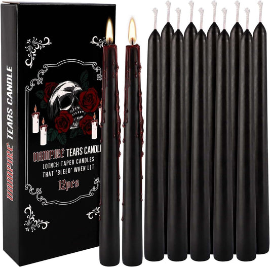 12PCS 10-Inch Black Bleeding Taper Candles,Vampire Tears Taper Candles- Unscented Candle Pack Ideal for Halloween, Christmas, Rituals, and Themed Party Decor.