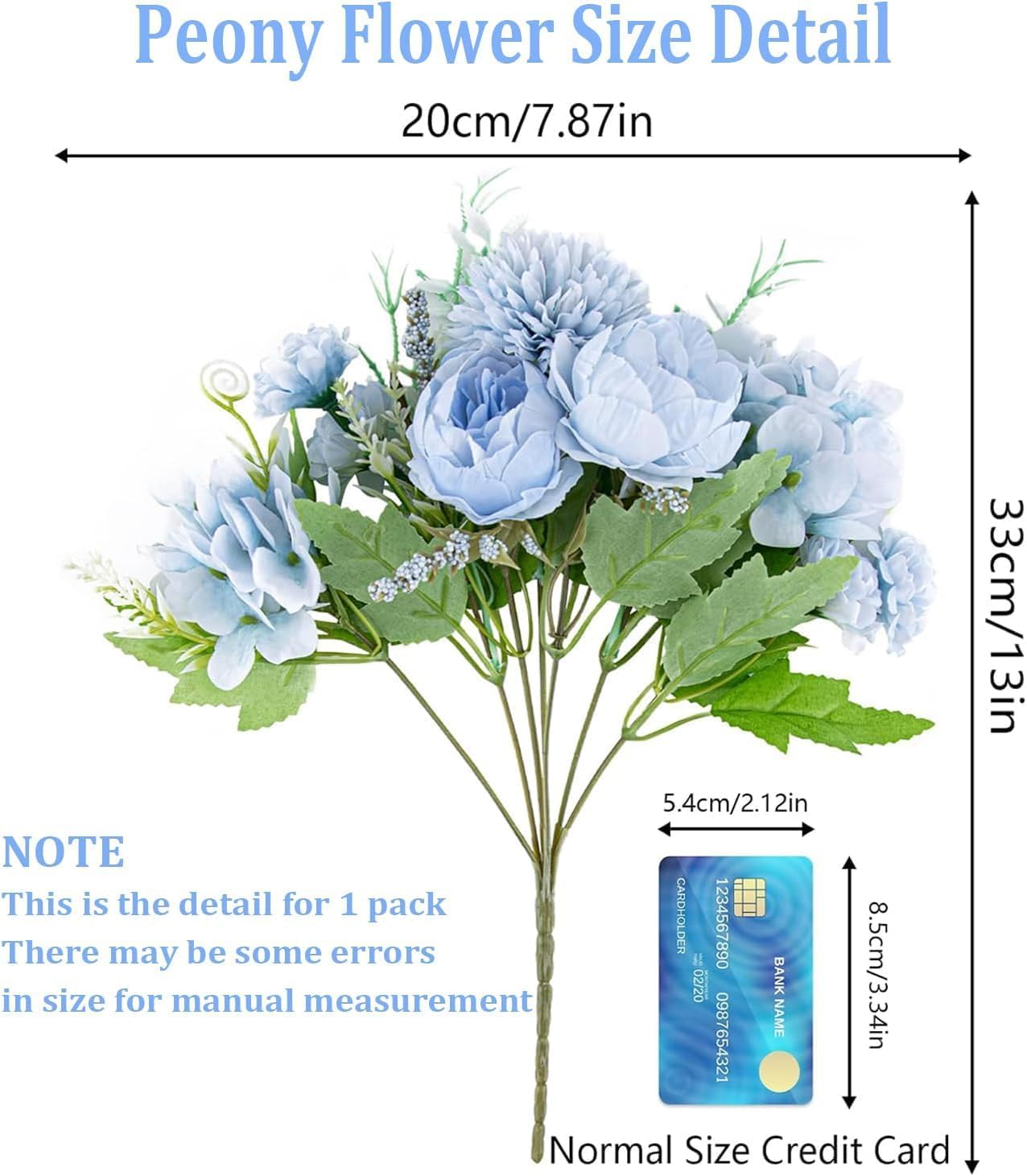 Artificial Flowers, Fake Peony Silk Hydrangea Bouquet Decor Plastic Carnations Daisy Realistic Flower Arrangements Wedding Decoration Table Centerpieces,for Home Office Party Decor 2 Pcs(Blue)