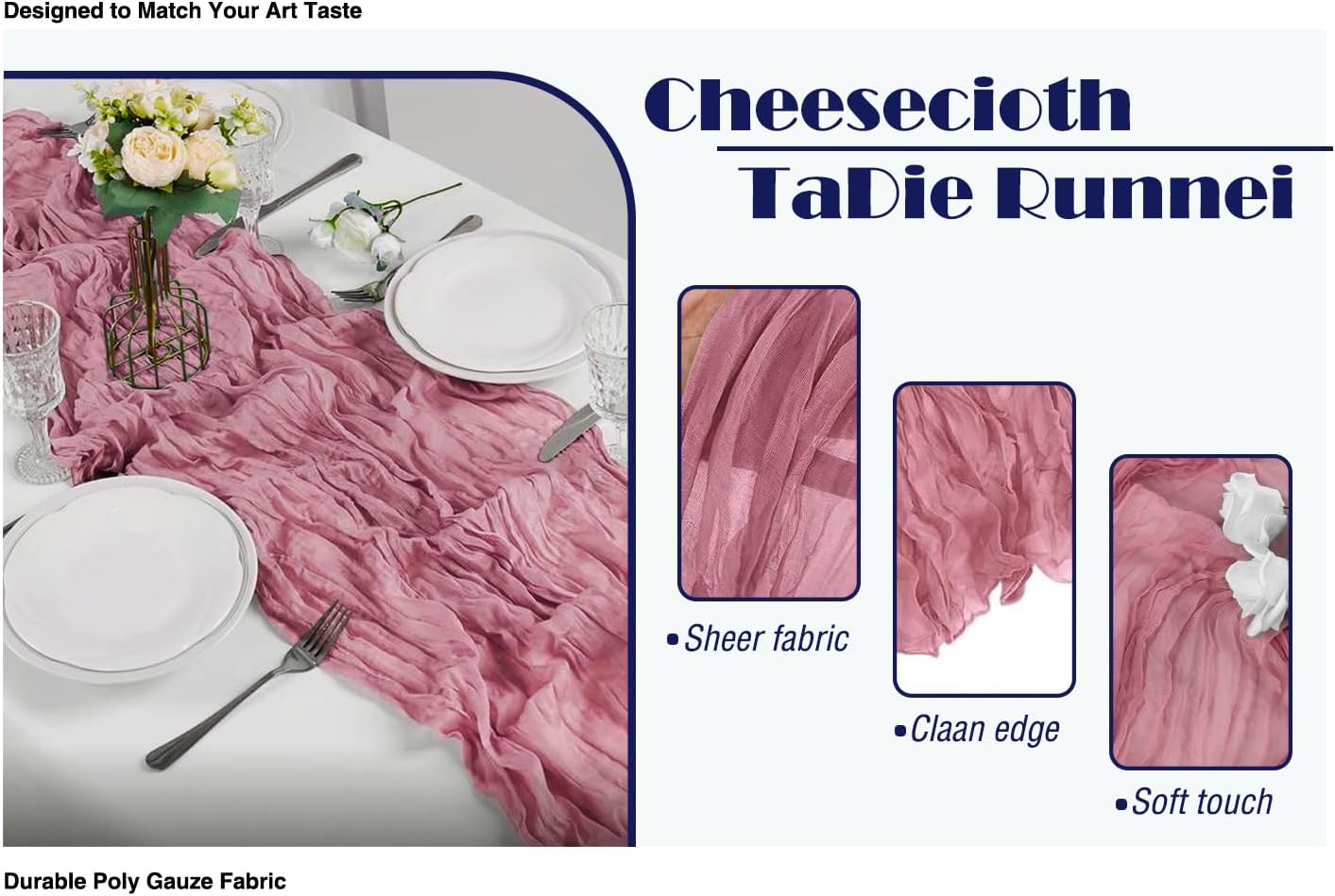 20 Pack Dusty Rose Cheesecloth Table Runner 17x108 Inch Boho Wrinkled Sheer Gauze Cheese Cloth Table Runner Bulk Romantic Decor for Wedding, Bridal Shower, Birthday Party