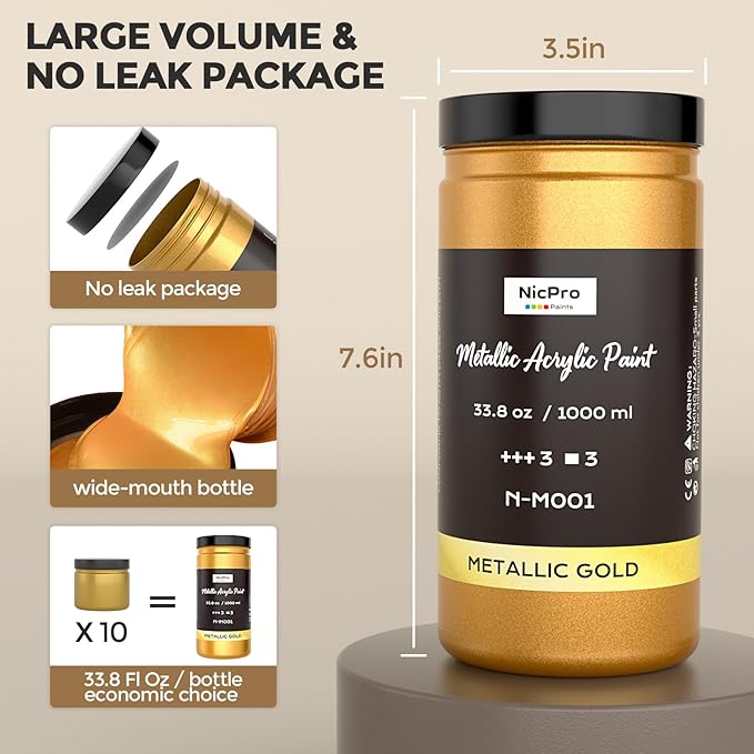 Nicpro Acrylic Paint Metallic Gold, 33.8oz/1000ml Large Gold Leaf Paint - Image 7