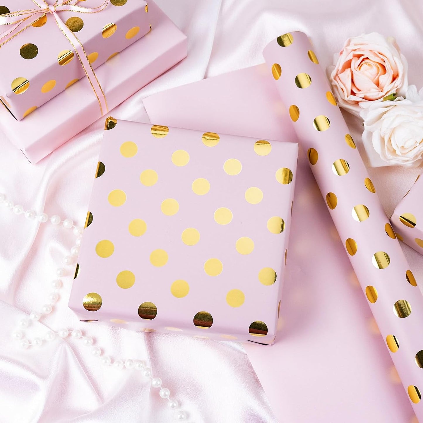 Burymento Pink and Gold Dots Wrapping Paper, Reversible Pink Gift Wrap for Birthday, Valentines, Mothers day, Graduation, Wedding, Fathers day, Baby Shower, Christmas (17in x 32.8ft)
