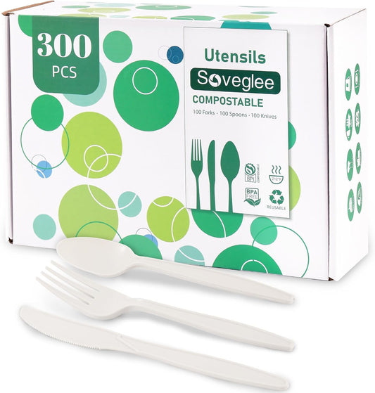 300 Count 100% Compostable Silverware, Ivory White Disposable Silverware, Plastic Forks Spoons Knives Bulk, Compostable Utensils No Plastic Silverware, Compostable Cutlery for Party Office Wedding