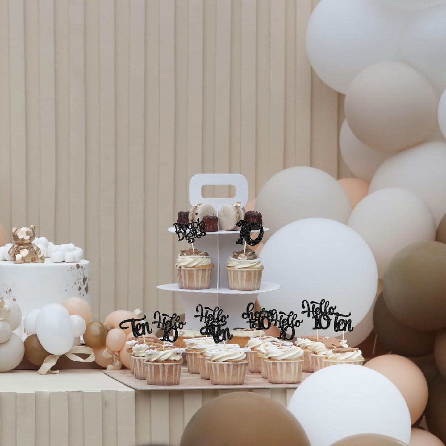 30Pcs 10th Birthday Cupcake Toppers Ten Double Hello 10 Cupcake Picks Cheers to 10 Years Old Cake Decorations for 10th Birthday Party Supplies Black Glitter