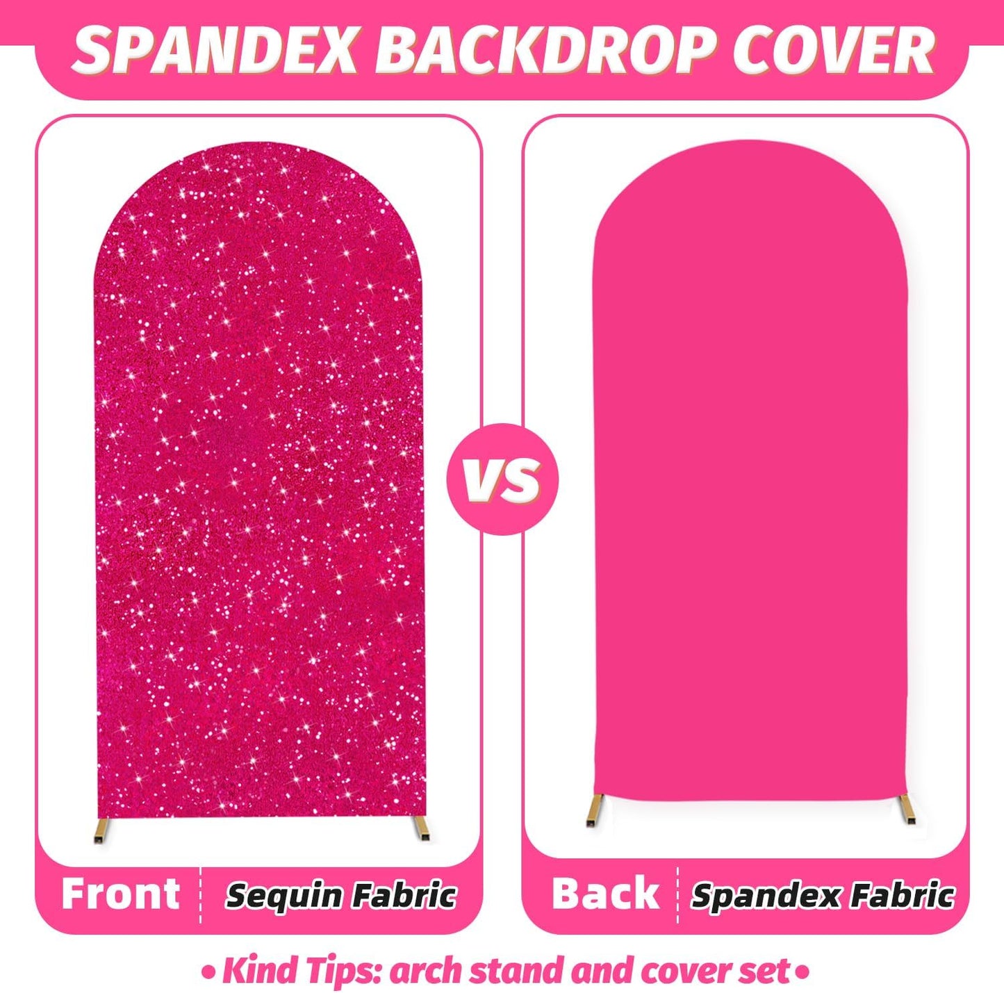 MODFUNS Metal Arch Backdrop Stand and Cover Set 4&5&6ft Hot Pink Sequins Arch Cover Gold Arch Frame with Covers Double Sided Arch Backdrop Covers for Wedding Banquet Reception Party Decor