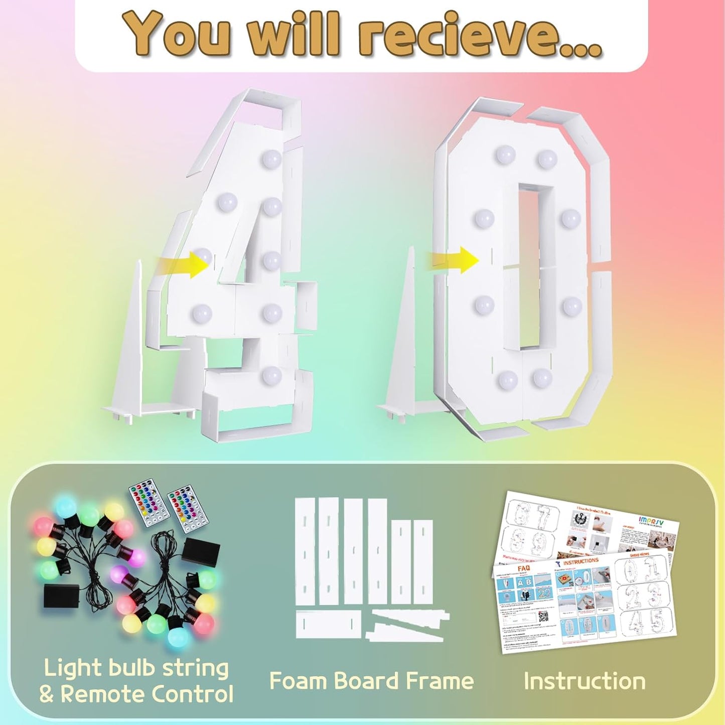 Marquee Numbers Colorful 40th-Birthday Decoration: 4FT Large Light Up 40 Year Old Birthday Decorations Anniversary Backdrop for Men Women Cardboard White Sign 18 Colors Number 40 Mosaic Balloon Frame