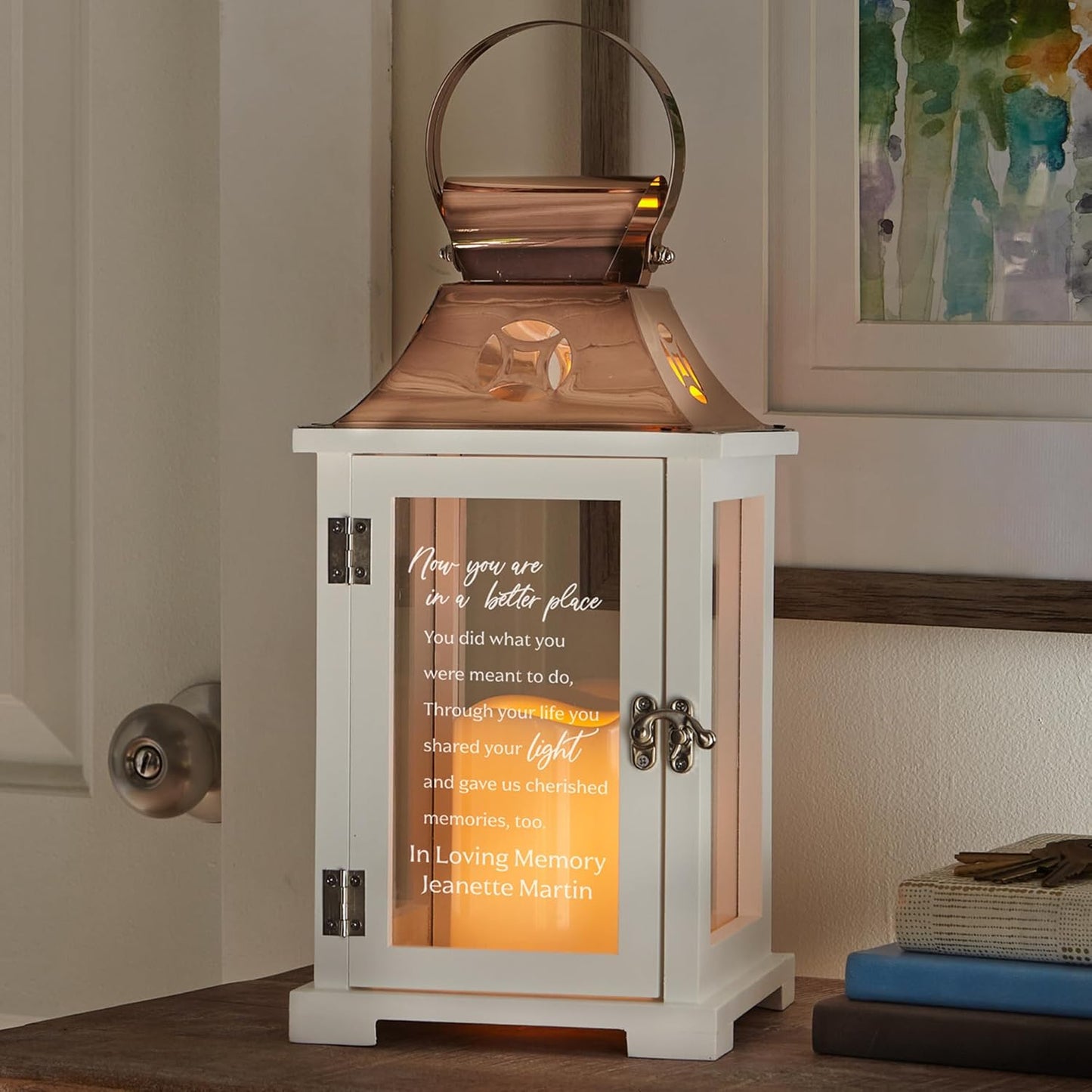 Let's Make Memories Personalized Memorial Lantern - Sympathy - Condolences - LED Candle - Automatic Timer - Wood/Stainless Steel - Copper Finish - in a Better Place