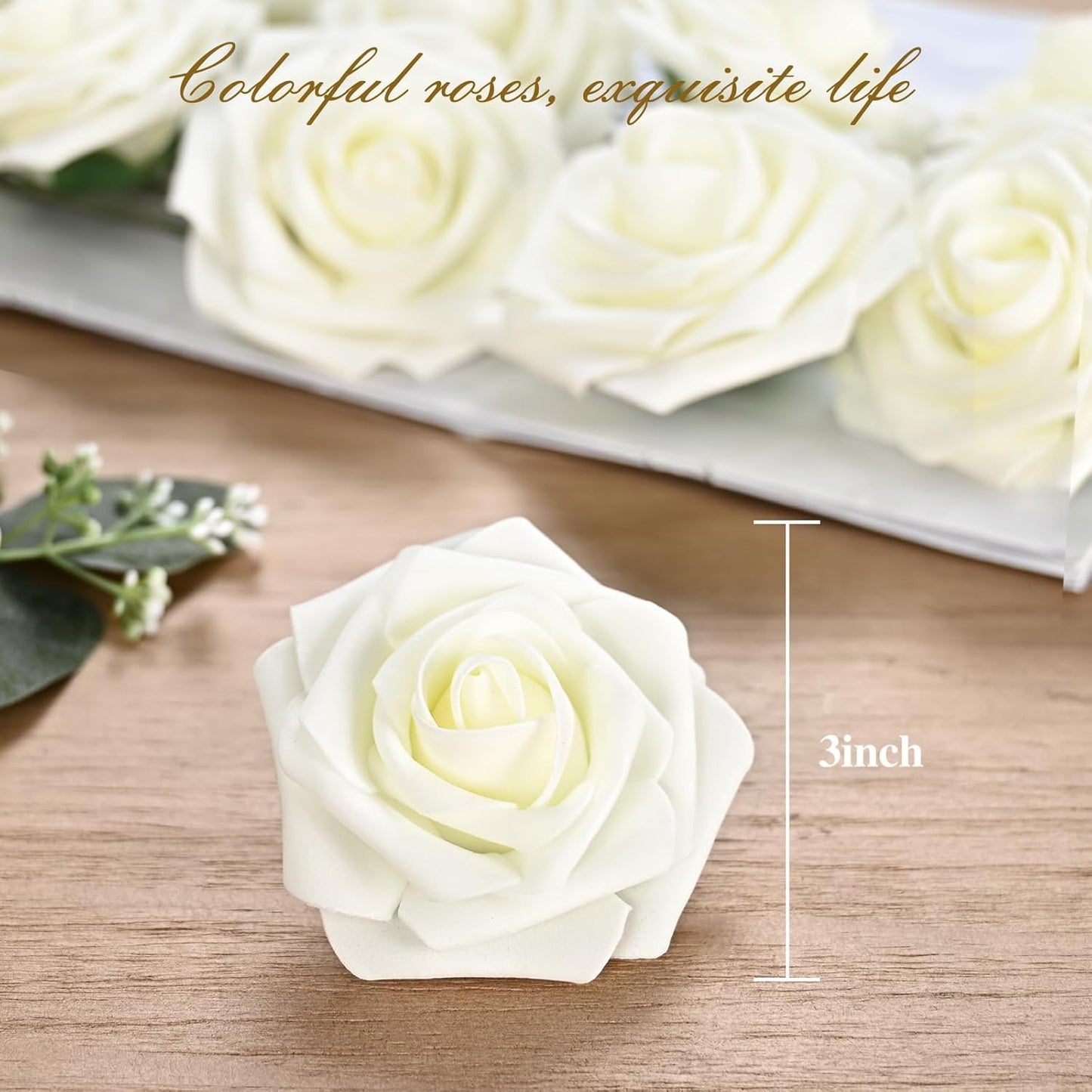 BLEUM CADE 16Pcs Artificial Flowers Fake Roses with Stems, Ivory White Boxed Foam Roses for DIY Bouquets Centerpieces Wedding Party Arrangement Bridal Shower Decor