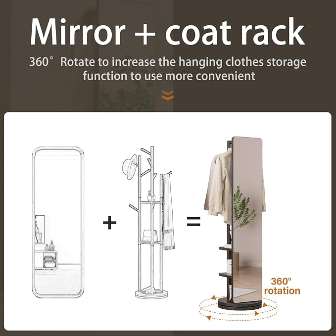 WoodsWhisper Full Length Mirror Coat Rack Solid Wood Floor Mirror 66"x12" Full - Image 3