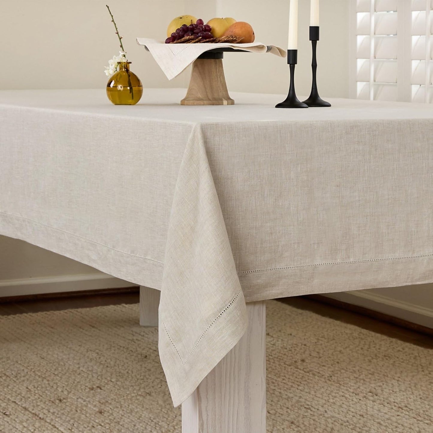 Solino Home Linen Light Natural Tablecloth 60 x 144 Inch - Classic Hemstitch, 100% Pure Linen Rectangular Tablecloth - Machine Washable Table Cloth for Fall, Autumn, Thanksgiving, Christmas, Holiday